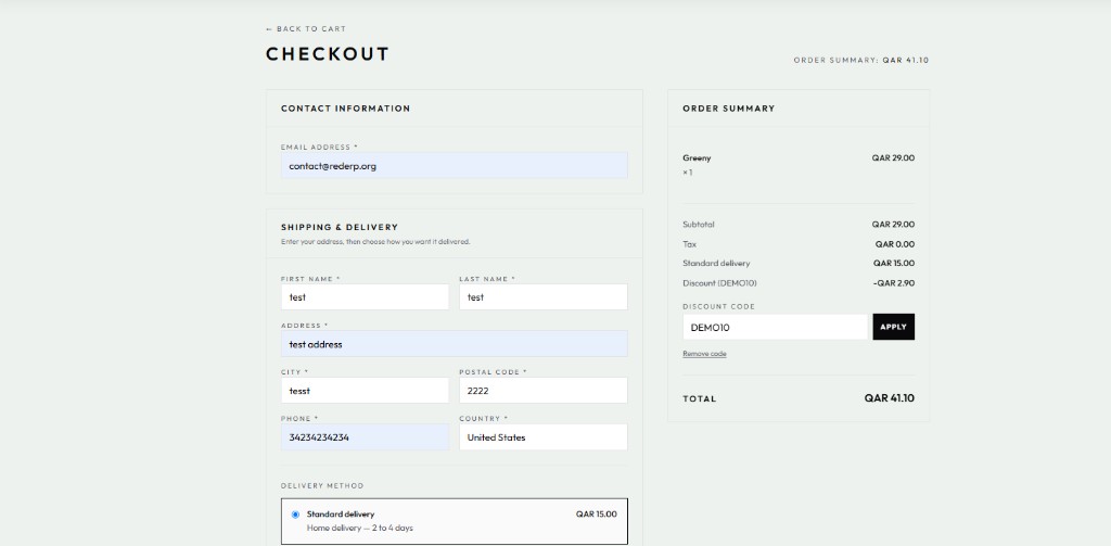 Checkout — contact, shipping, Standard delivery Free, Organish Checkout