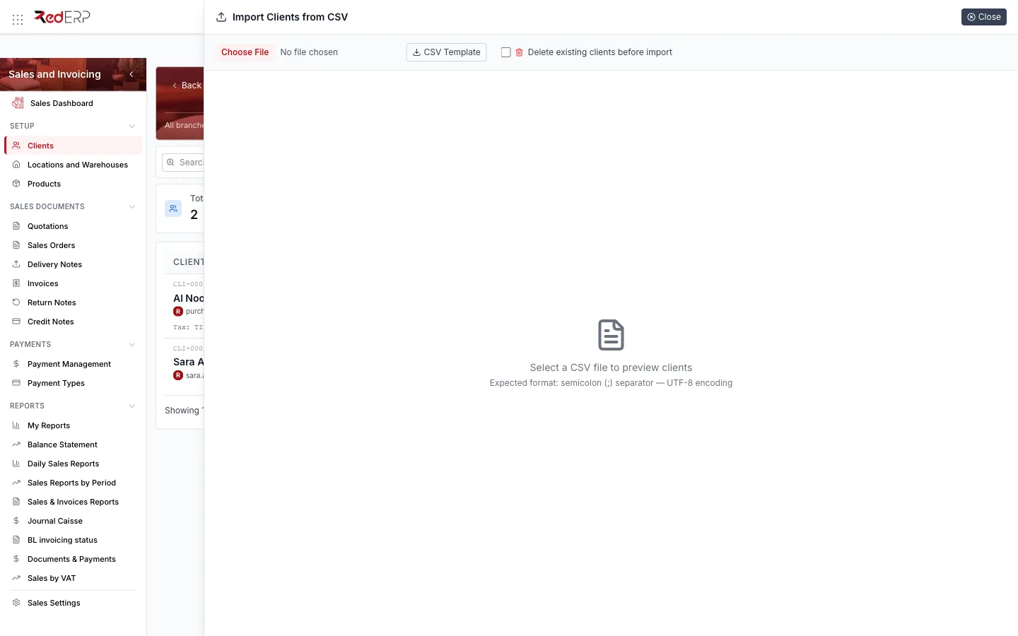 Advanced → Import Import Clients from CSV