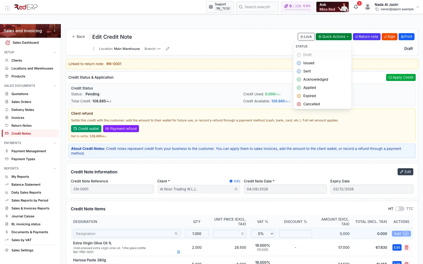 Quick Actions Quick Actions statuses