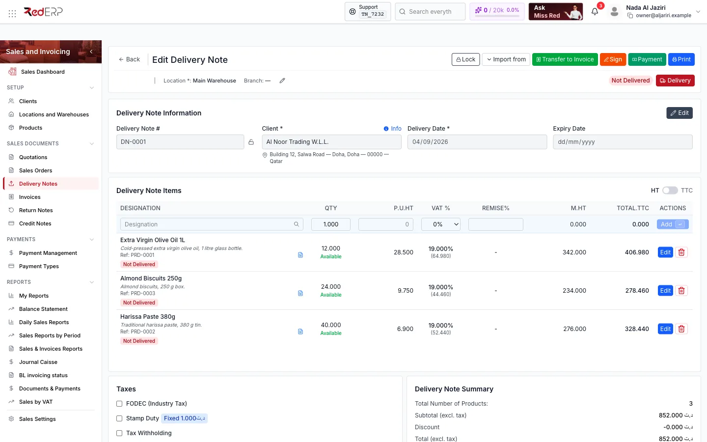 Edit Delivery Note Delivery note editor