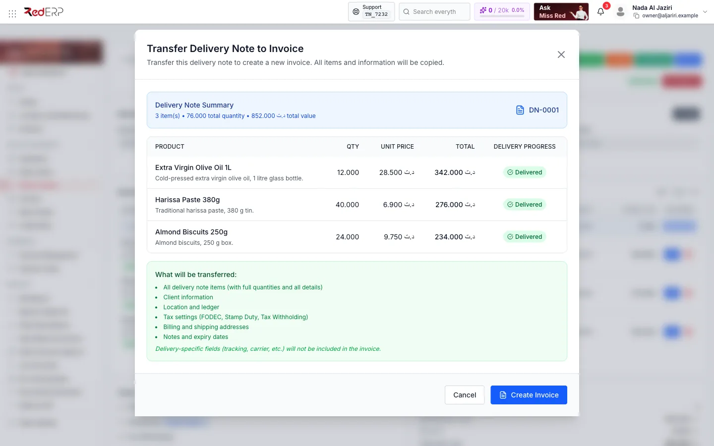 Transfer to Invoice Transfer Delivery Note to Invoice modal