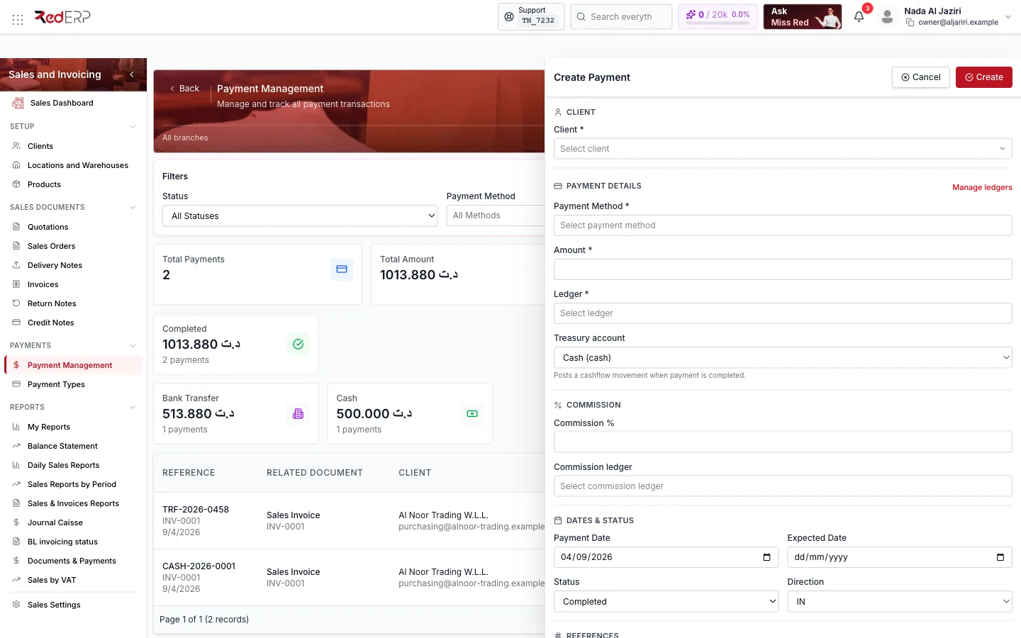 Add Payment → Create Payment Create Payment drawer