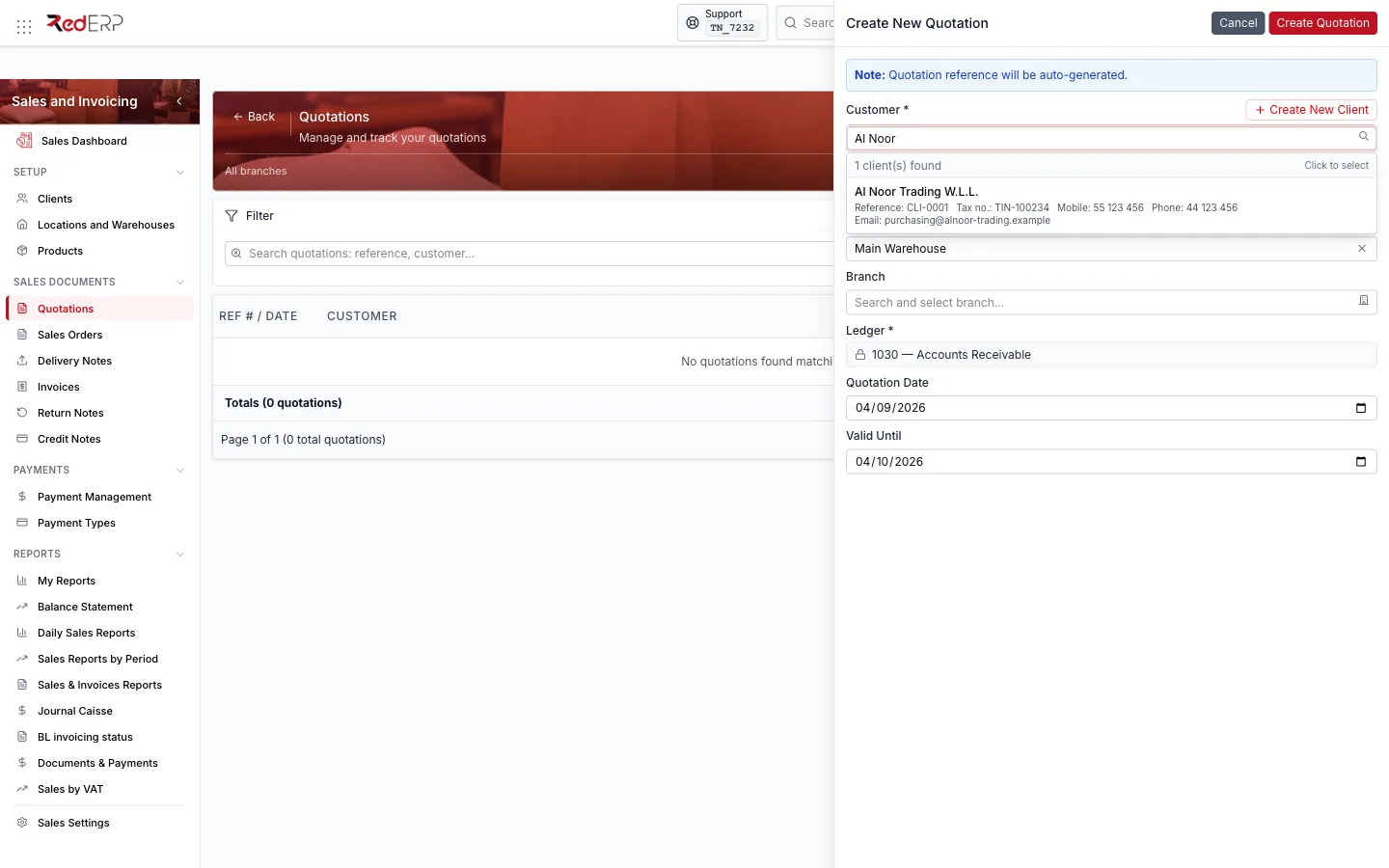 Customer → search results Customer search in the create drawer