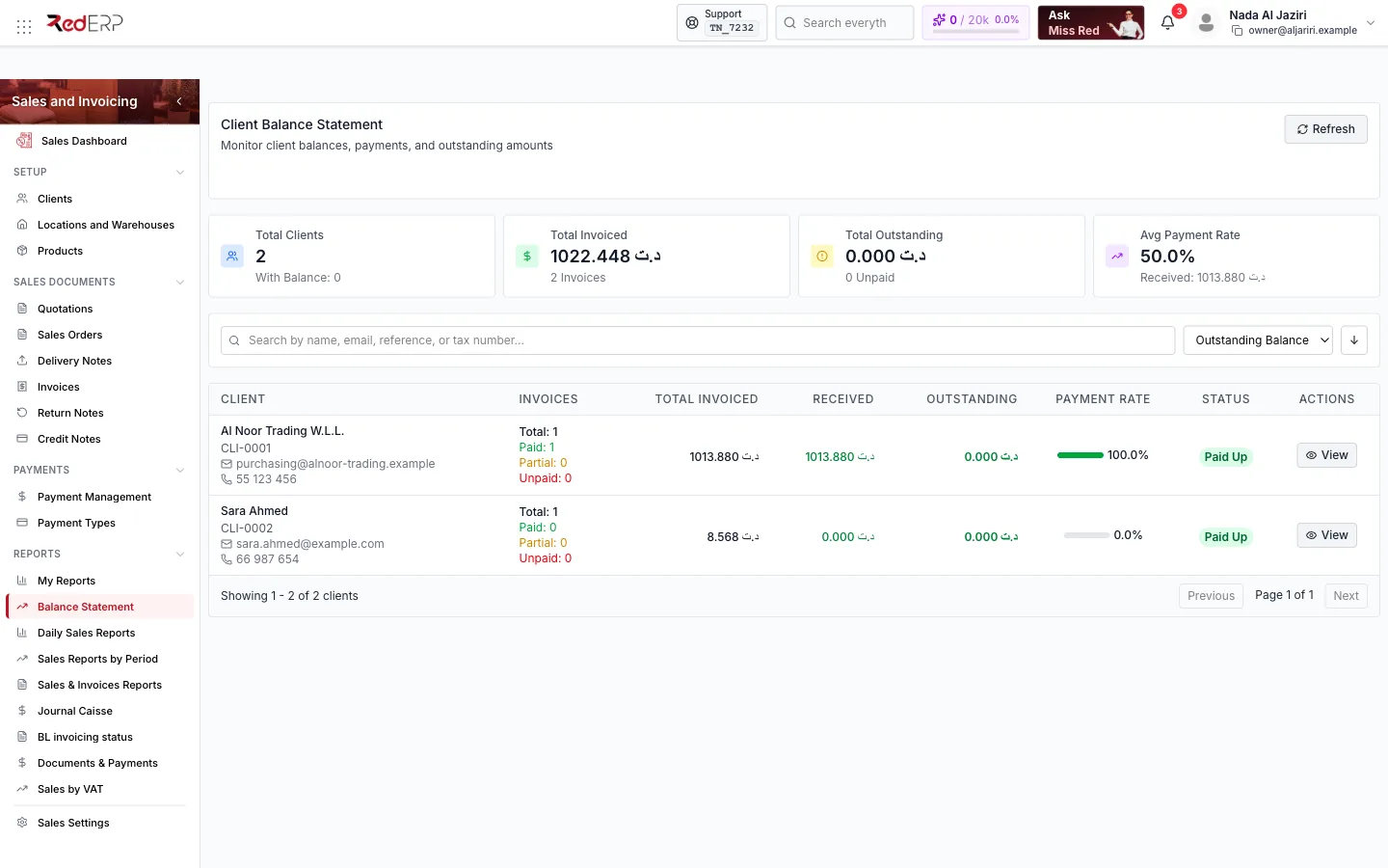 Reports → Balance Statement Client Balance Statement
