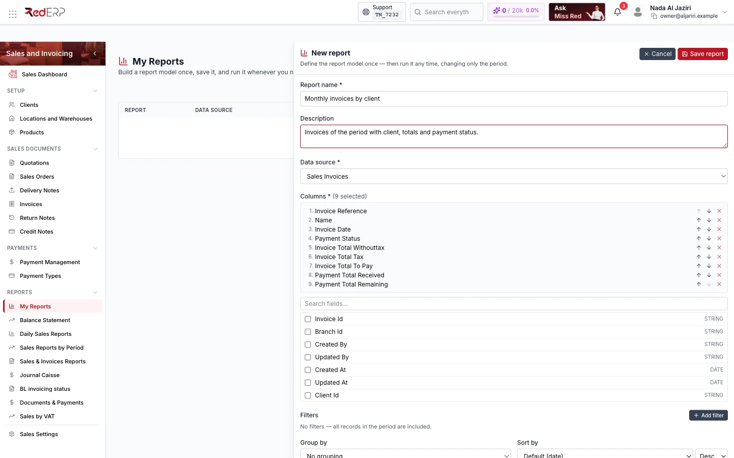 Add Report → New report New report drawer