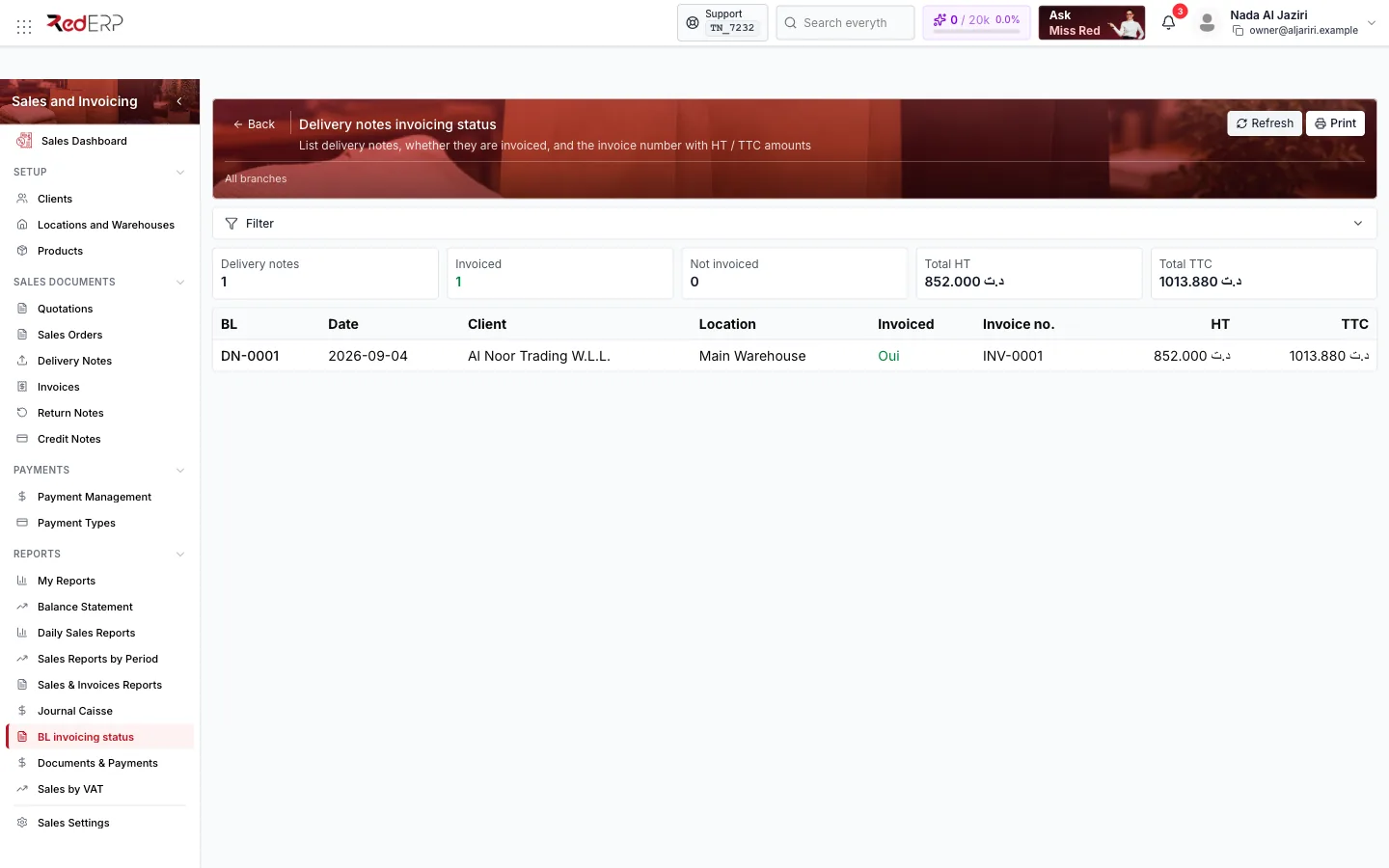 Reports → BL invoicing status Delivery notes invoicing status