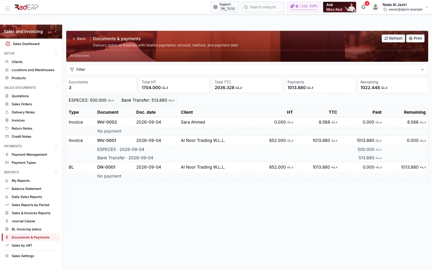 Reports → Documents & Payments Documents & payments