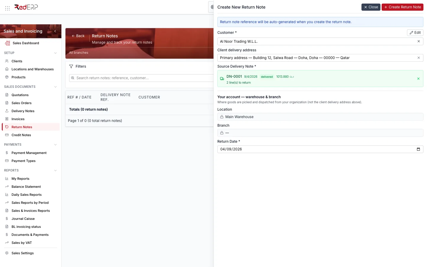 Create Return Note Create Return Note drawer