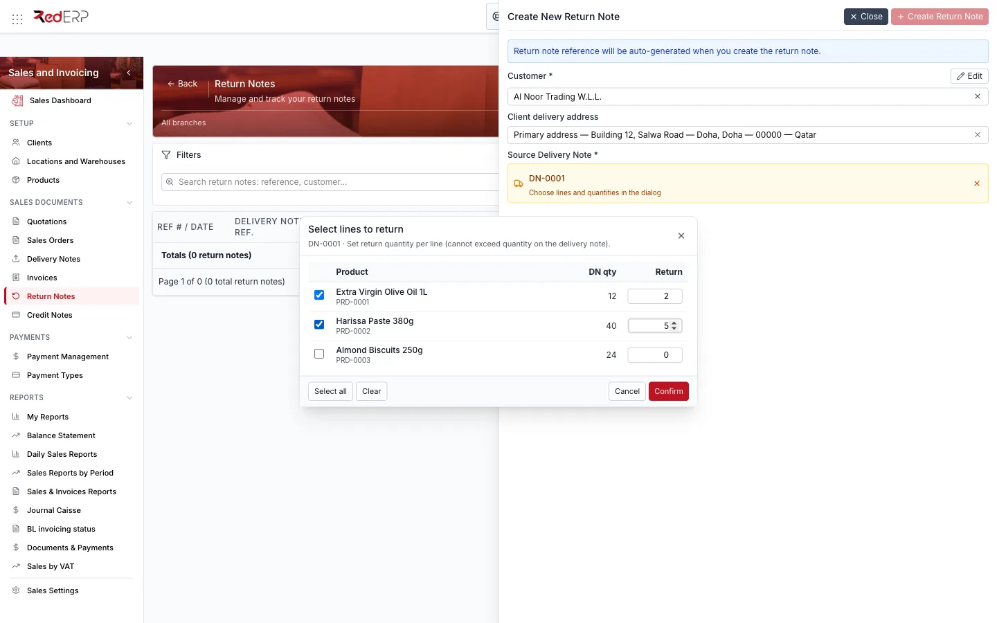 Create Return Note → line selector Selecting the returned lines