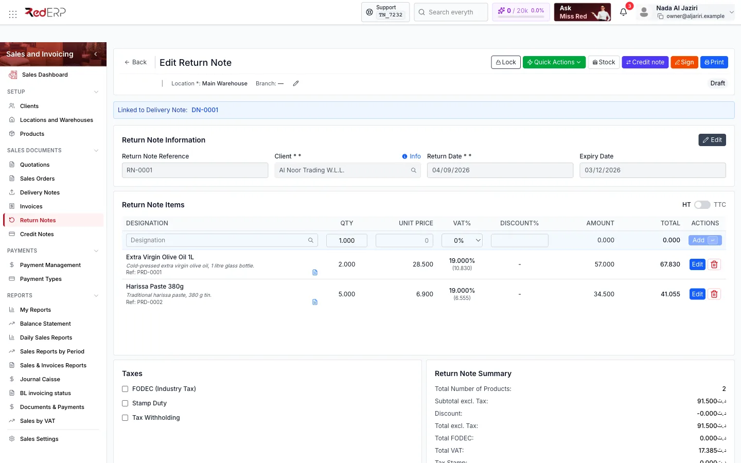 Edit Return Note Return note editor