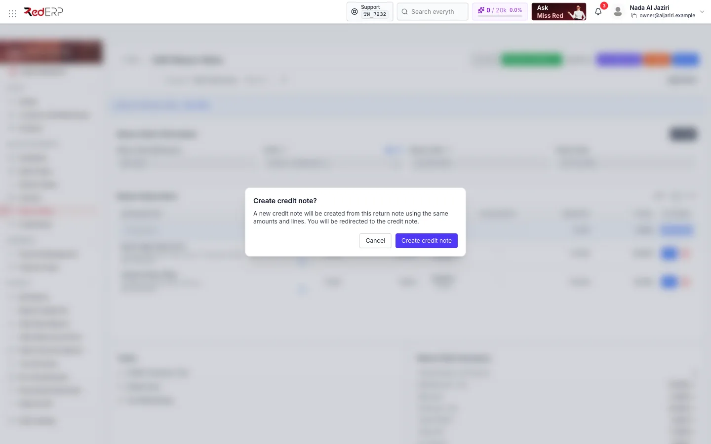 Credit note Create credit note confirmation