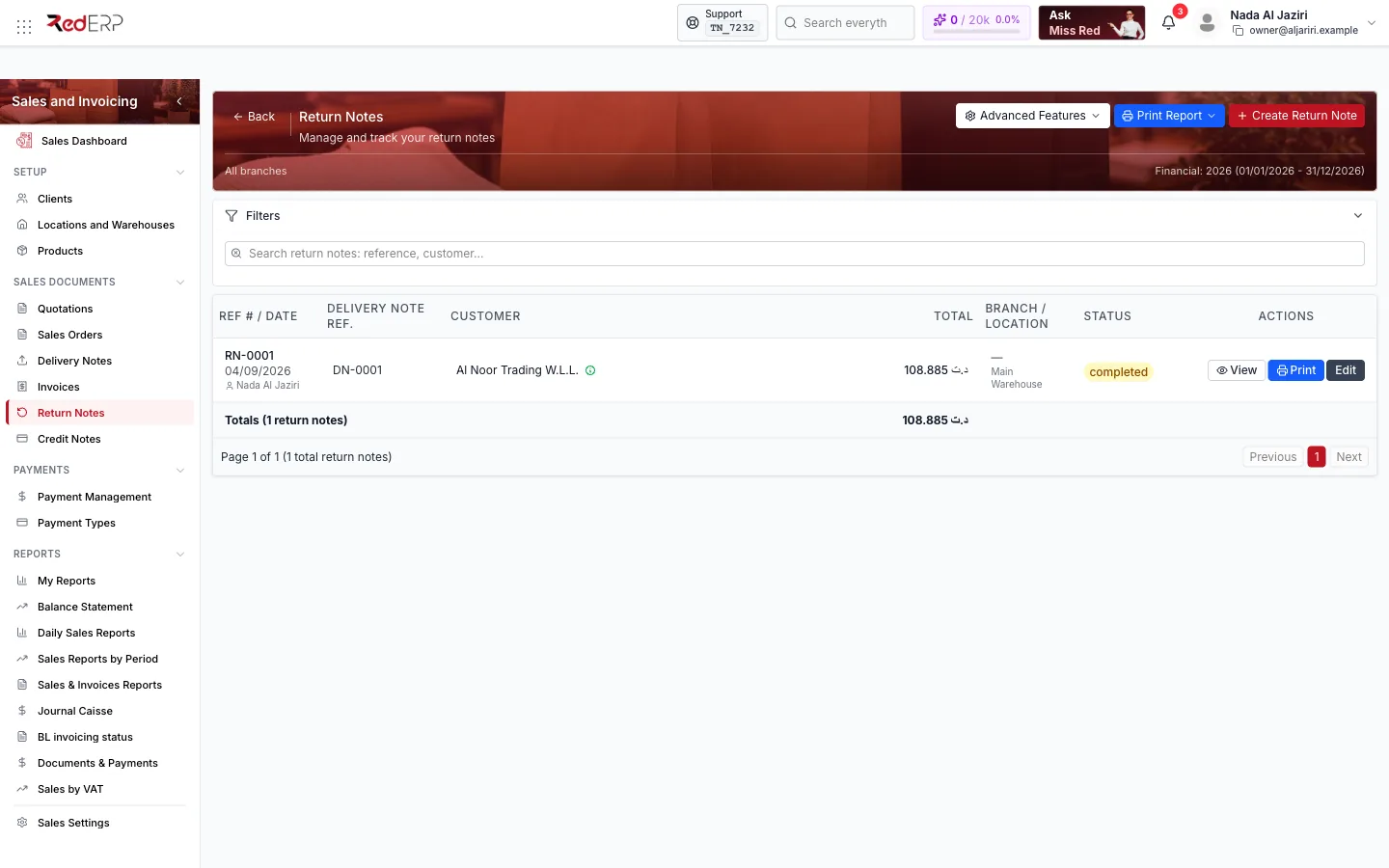 Sales Documents → Return Notes Return Notes list